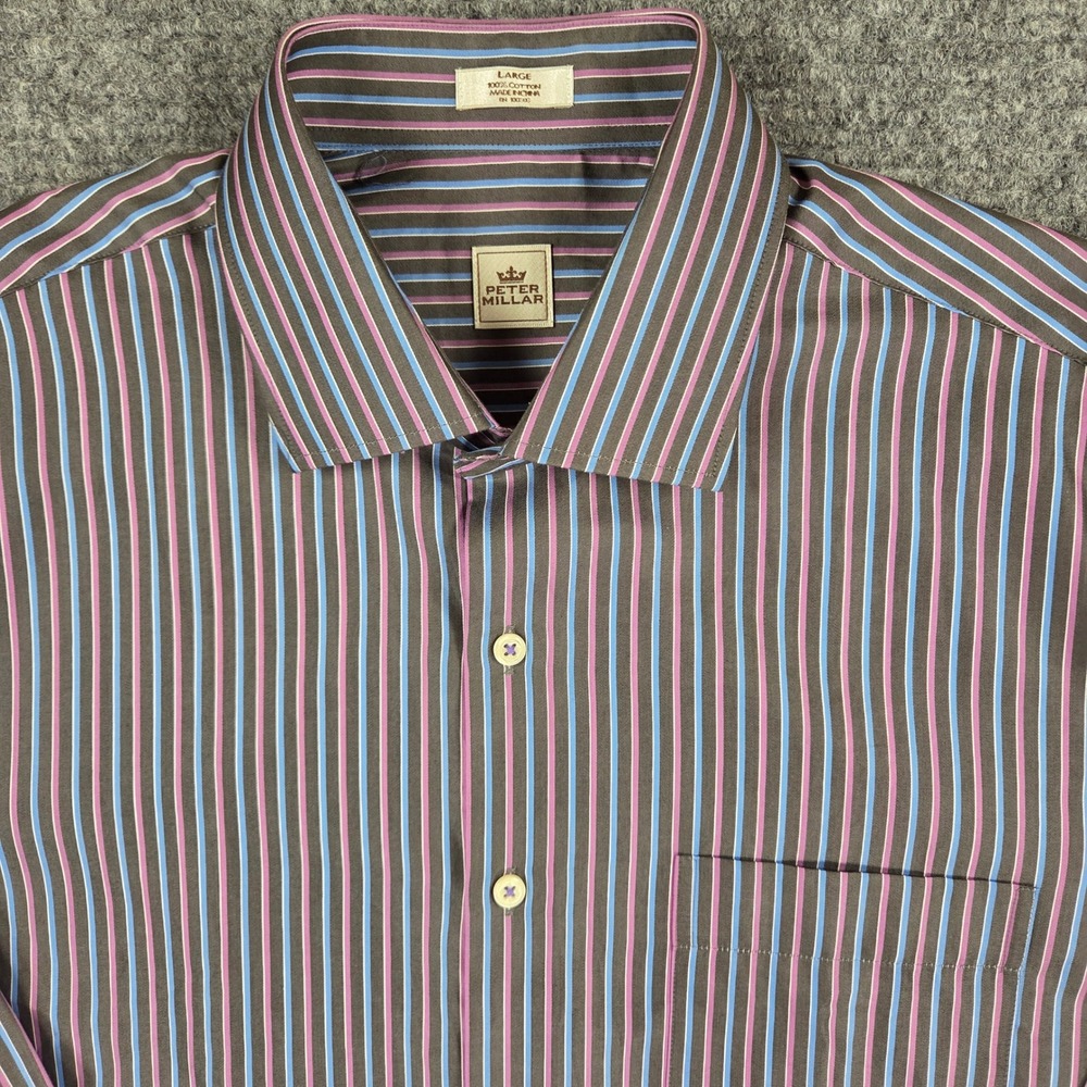 Peter Millar Mens Large Striped Button Down Shirt Blue Purple Brown Cotton Large
